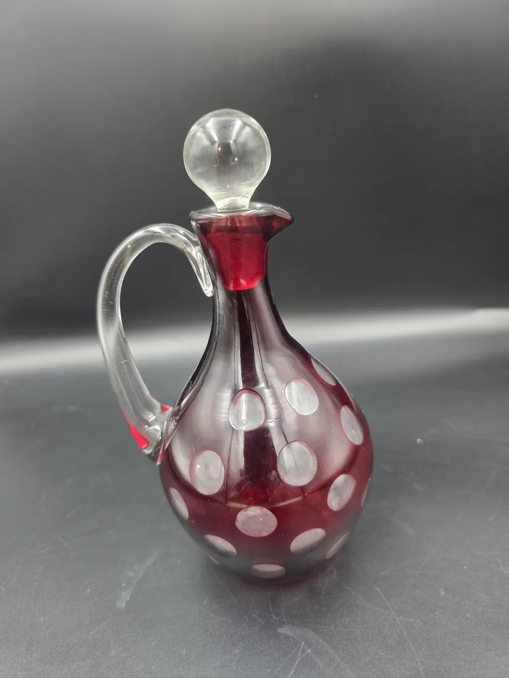 Handcrafted Ruby Red Polka Dot Glass Cruet with Clear Handle and Stopper